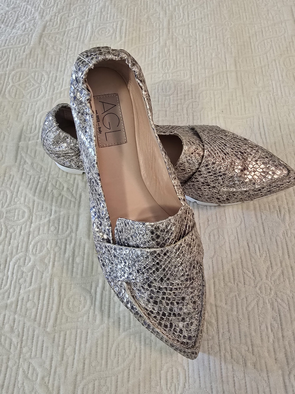 AGL Metallic Silver Snake-Print Pointed Loafers